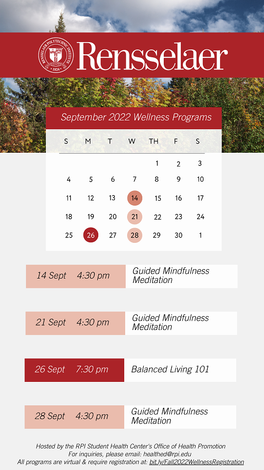 Calendar of Wellness Workshops for September of 2022